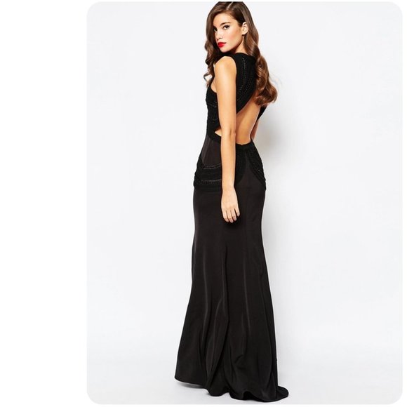 black crepe long sleeve open back fishtail maxi dress
